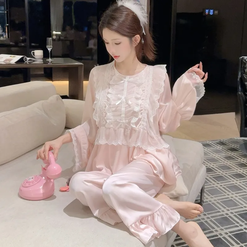 Ensemble pyjama femme printemps-automne en soie glacée, manches longues et pantalon long, dentelle, style princesse de cour, luxe léger, sentiment haut de gamme, vêtement d'intérieur · Grossiste · OEM · Mondial - Detail 26