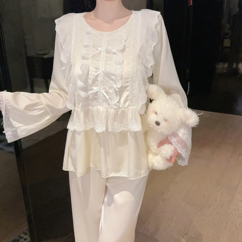 Ensemble pyjama femme printemps-automne en soie glacée, manches longues et pantalon long, dentelle, style princesse de cour, luxe léger, sentiment haut de gamme, vêtement d'intérieur · Grossiste · OEM · Mondial - Detail 14