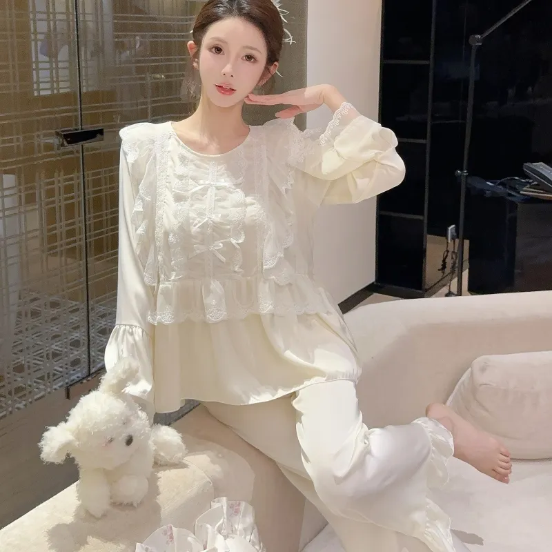 Ensemble pyjama femme printemps-automne en soie glacée, manches longues et pantalon long, dentelle, style princesse de cour, luxe léger, sentiment haut de gamme, vêtement d'intérieur · Grossiste · OEM · Mondial - Detail 17