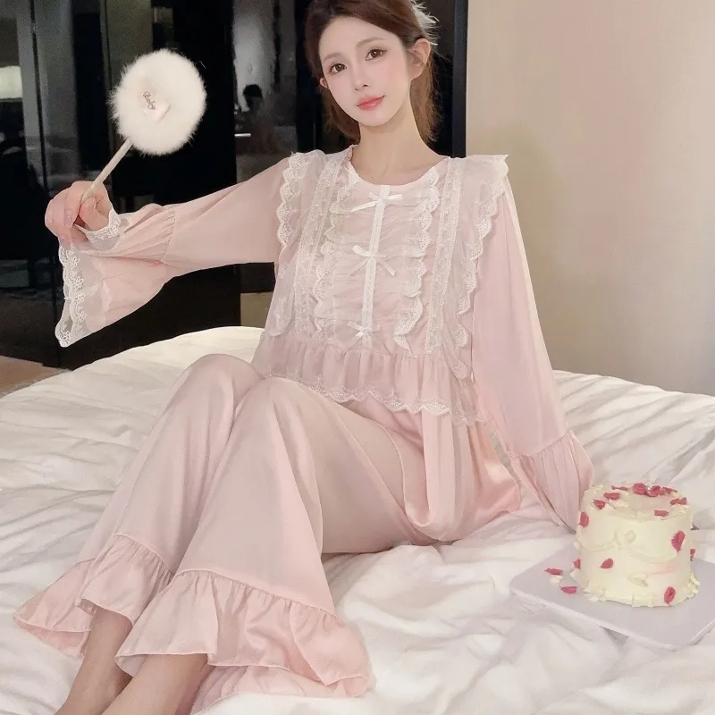 Ensemble pyjama femme printemps-automne en soie glacée, manches longues et pantalon long, dentelle, style princesse de cour, luxe léger, sentiment haut de gamme, vêtement d'intérieur · Grossiste · OEM · Mondial - Detail 32