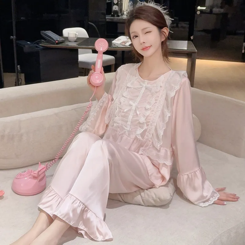 Ensemble pyjama femme printemps-automne en soie glacée, manches longues et pantalon long, dentelle, style princesse de cour, luxe léger, sentiment haut de gamme, vêtement d'intérieur · Grossiste · OEM · Mondial - Detail 28