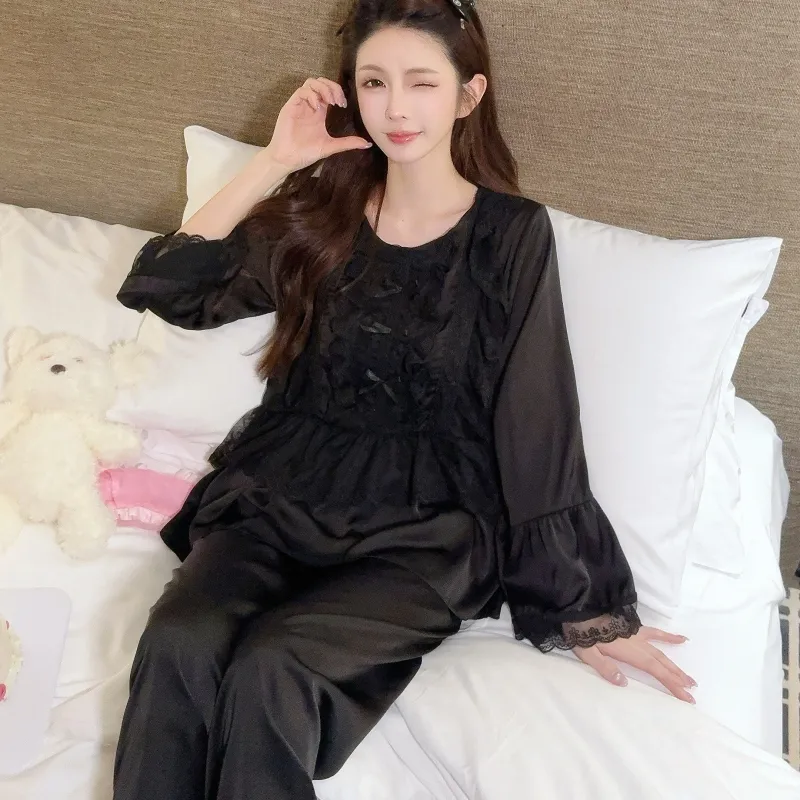 Ensemble pyjama femme printemps-automne en soie glacée, manches longues et pantalon long, dentelle, style princesse de cour, luxe léger, sentiment haut de gamme, vêtement d'intérieur · Grossiste · OEM · Mondial - Detail 10