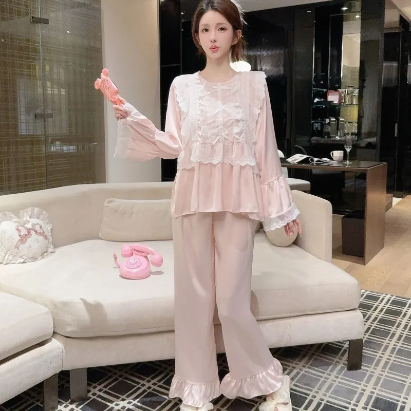 Ensemble pyjama femme printemps-automne en soie glacée, manches longues et pantalon long, dentelle, style princesse de cour, luxe léger, sentiment haut de gamme, vêtement d'intérieur · Grossiste · OEM · Mondial - Detail 21