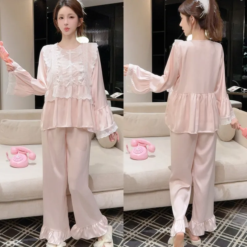 Ensemble pyjama femme printemps-automne en soie glacée, manches longues et pantalon long, dentelle, style princesse de cour, luxe léger, sentiment haut de gamme, vêtement d'intérieur · Grossiste · OEM · Mondial