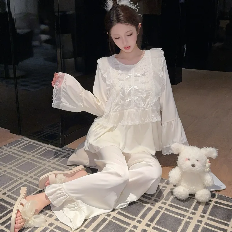 Ensemble pyjama femme printemps-automne en soie glacée, manches longues et pantalon long, dentelle, style princesse de cour, luxe léger, sentiment haut de gamme, vêtement d'intérieur · Grossiste · OEM · Mondial - Detail 16