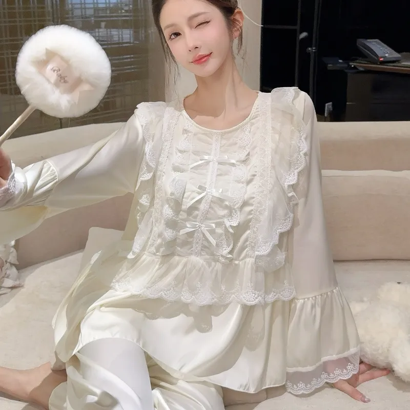 Ensemble pyjama femme printemps-automne en soie glacée, manches longues et pantalon long, dentelle, style princesse de cour, luxe léger, sentiment haut de gamme, vêtement d'intérieur · Grossiste · OEM · Mondial - Detail 18