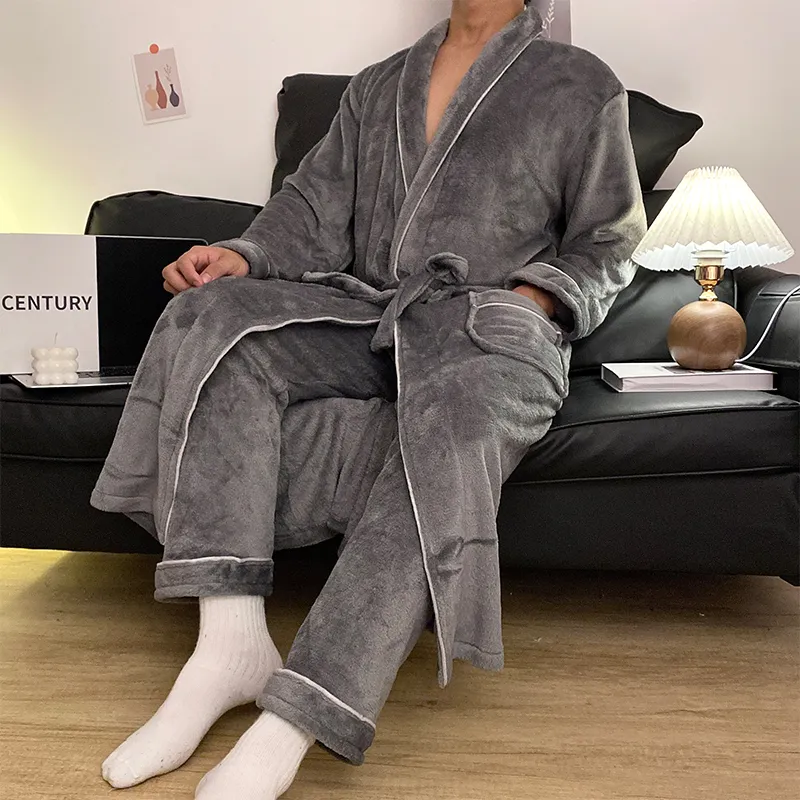 잠옷 남성 가을겨울 플란넬 수면 로브 긴바지 투피스 심플 솔리드 욕실 로브 홈웨어 루즈핏 빅사이즈 · 도매 · OEM · 전 세계 배송 - View 3