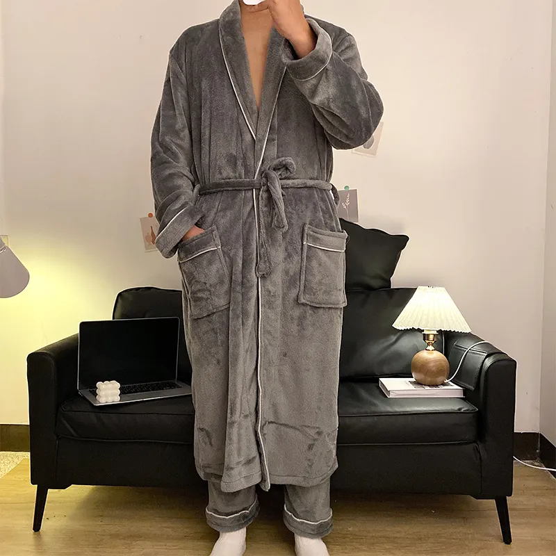 잠옷 남성 가을겨울 플란넬 수면 로브 긴바지 투피스 심플 솔리드 욕실 로브 홈웨어 루즈핏 빅사이즈 · 도매 · OEM · 전 세계 배송 - View 1