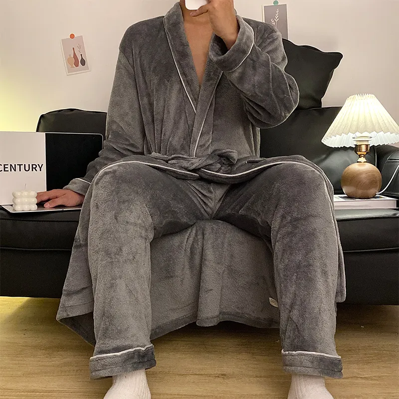 잠옷 남성 가을겨울 플란넬 수면 로브 긴바지 투피스 심플 솔리드 욕실 로브 홈웨어 루즈핏 빅사이즈 · 도매 · OEM · 전 세계 배송 - View 2
