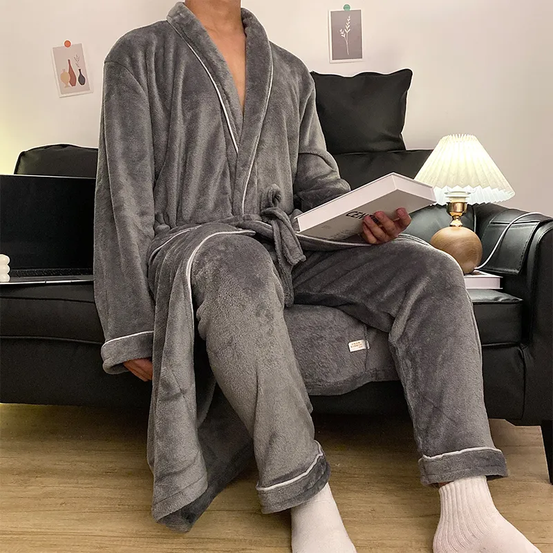 잠옷 남성 가을겨울 플란넬 수면 로브 긴바지 투피스 심플 솔리드 욕실 로브 홈웨어 루즈핏 빅사이즈 · 도매 · OEM · 전 세계 배송 - View 4