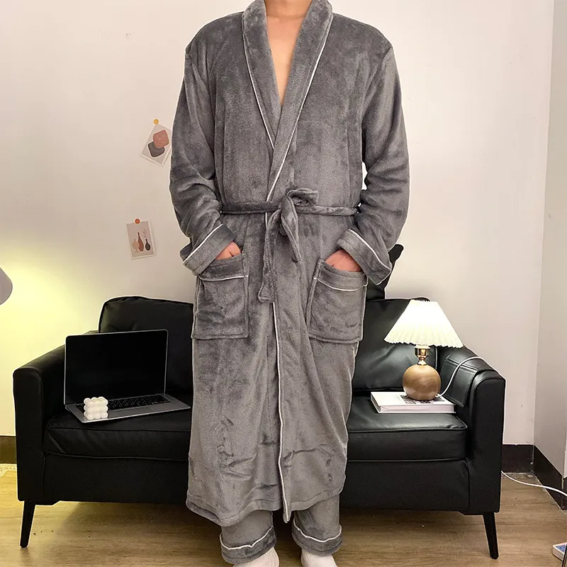Piyama Pria Musim Dingin Flanel Jubah Tidur Celana Panjang Set Dua Potong Polos Sederhana Jubah Mandi Pakaian Rumah Longgar Ukuran Besar · Grosir · OEM · Pengiriman Global