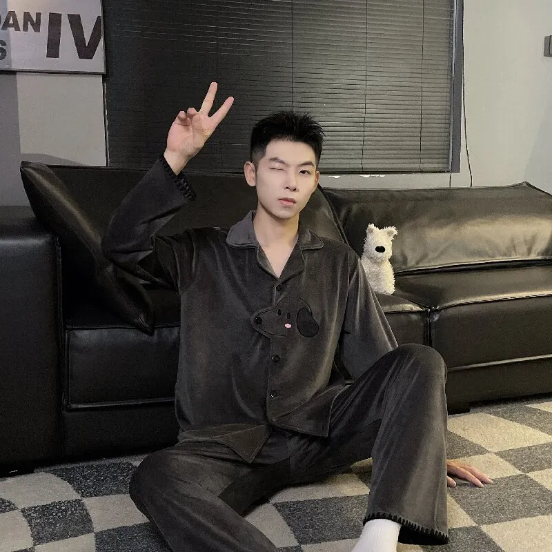 بيجامة رجالية للموسم الخريفي والشتوي من قماش الجزيرة الفروي المبطن والمثقل بأكمام طويلة وقماش مزدوج الوجه طقم منزلي دافئ · بيع بالجملة · تصنيع حسب الطلب · شحن عالمي - View 1
