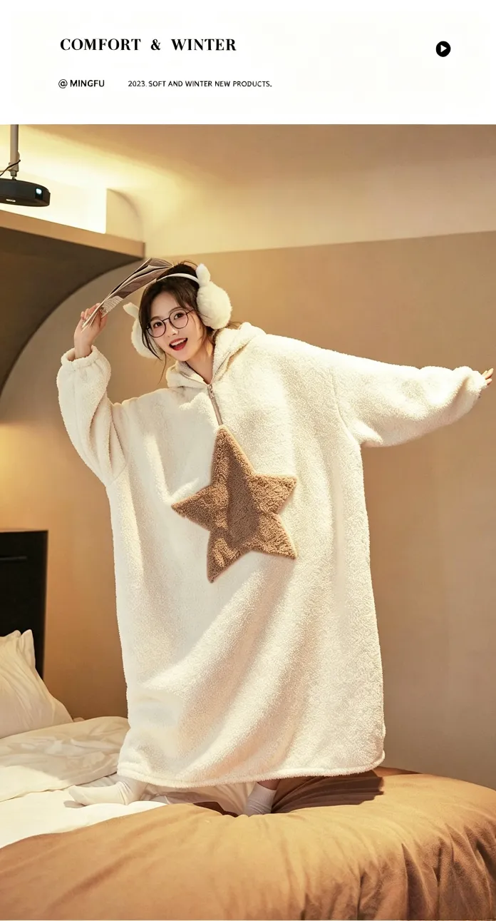 Robe de nuit femme en polaire coton douce à manches longues, capuche, col rond, portable à l'extérieur, chaude et ample, style décontracté et minimaliste pour l'automne-hiver · Grossiste · OEM · Mondial - Detail 15