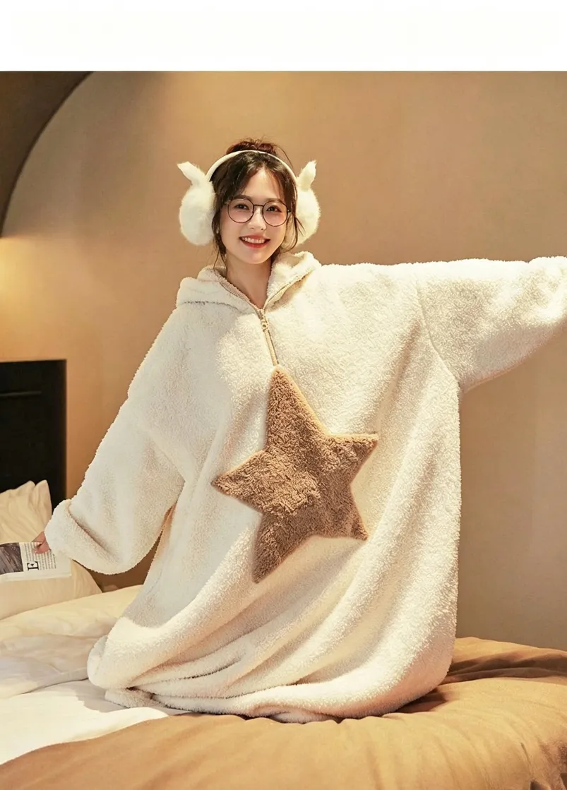 Robe de nuit femme en polaire coton douce à manches longues, capuche, col rond, portable à l'extérieur, chaude et ample, style décontracté et minimaliste pour l'automne-hiver · Grossiste · OEM · Mondial - Detail 14