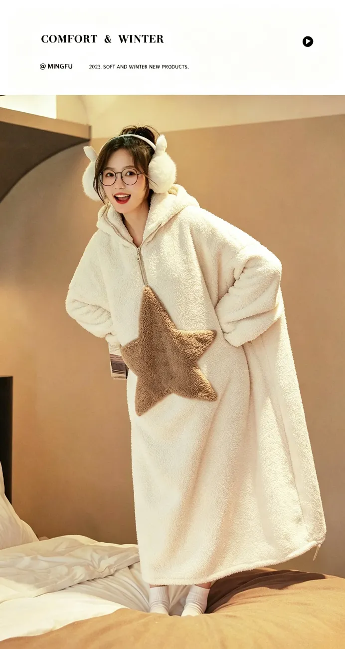 Robe de nuit femme en polaire coton douce à manches longues, capuche, col rond, portable à l'extérieur, chaude et ample, style décontracté et minimaliste pour l'automne-hiver · Grossiste · OEM · Mondial - Detail 12
