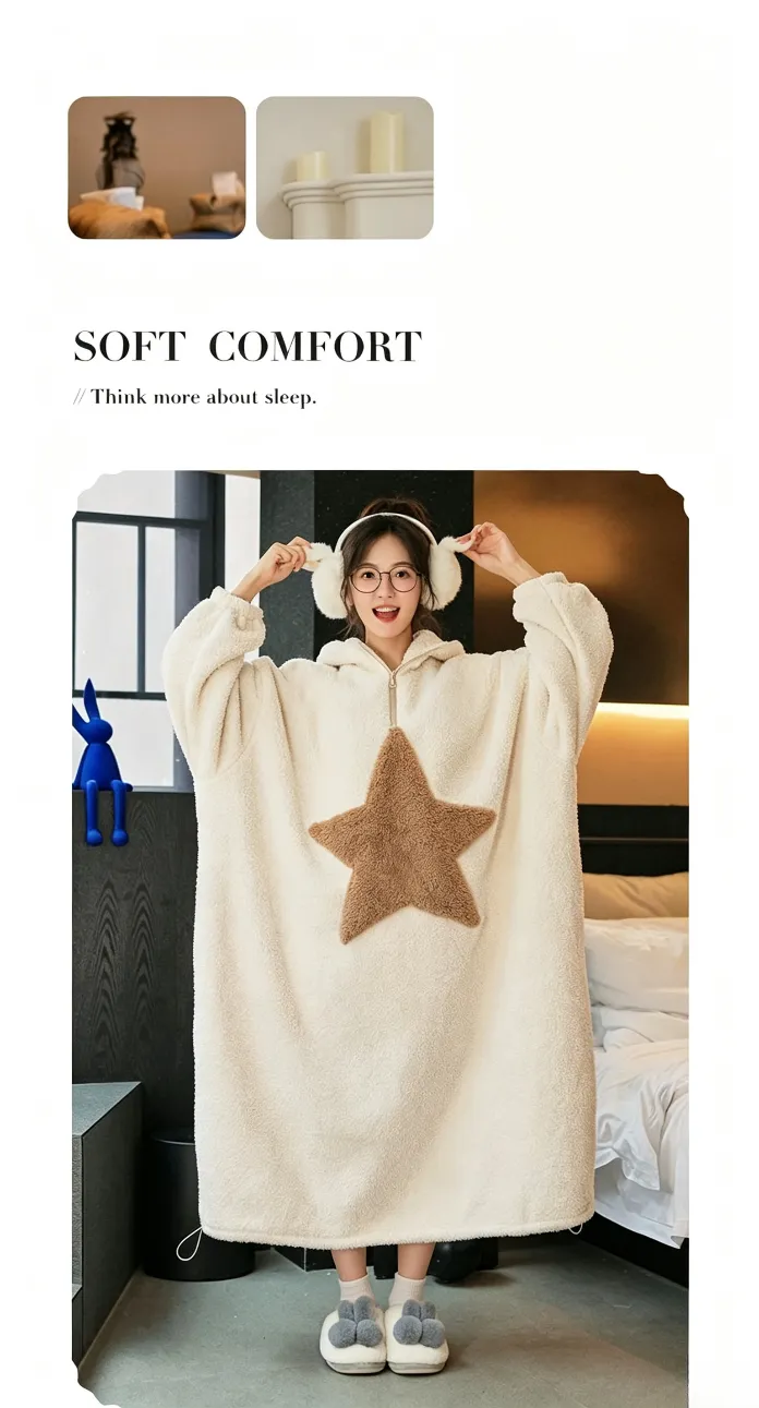 Robe de nuit femme en polaire coton douce à manches longues, capuche, col rond, portable à l'extérieur, chaude et ample, style décontracté et minimaliste pour l'automne-hiver · Grossiste · OEM · Mondial - Detail 6