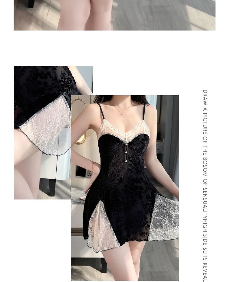 Sexy Women's Burnout Camisole Nightgown Set with Mesh Robe, Lace Low-Cut with Padding, Innocent Temptation Style Loungewear · Wholesale · OEM · Worldwide Shipping - Detail 19