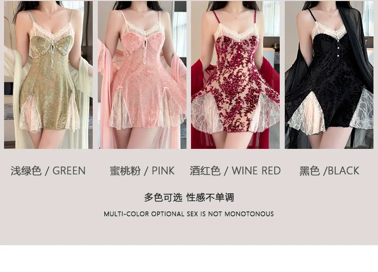 Sexy Women's Burnout Camisole Nightgown Set with Mesh Robe, Lace Low-Cut with Padding, Innocent Temptation Style Loungewear · Wholesale · OEM · Worldwide Shipping - Detail 2