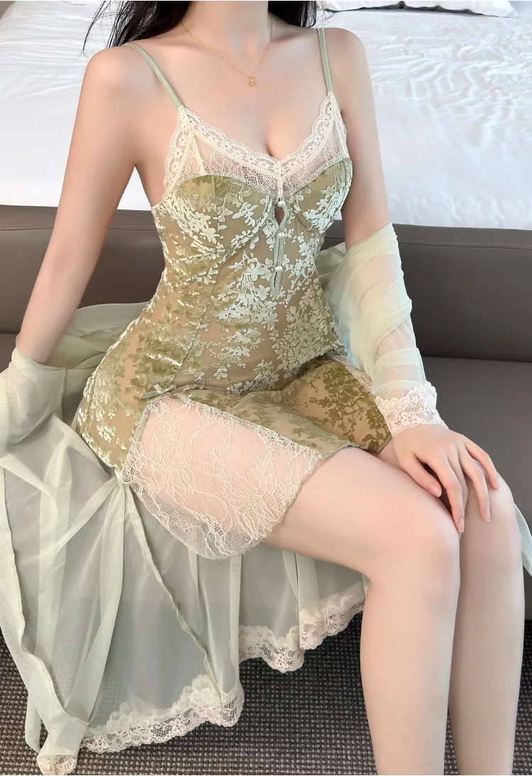 Sexy Women's Burnout Camisole Nightgown Set with Mesh Robe, Lace Low-Cut with Padding, Innocent Temptation Style Loungewear · Wholesale · OEM · Worldwide Shipping - Detail 6