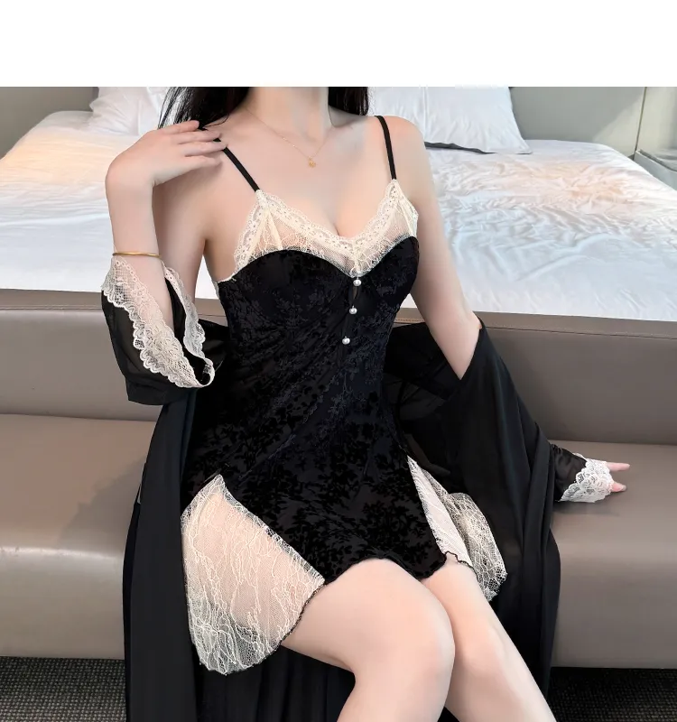 Sexy Women's Burnout Camisole Nightgown Set with Mesh Robe, Lace Low-Cut with Padding, Innocent Temptation Style Loungewear · Wholesale · OEM · Worldwide Shipping - Detail 20