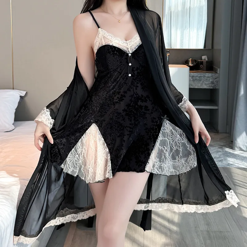 Sexy Women's Burnout Camisole Nightgown Set with Mesh Robe, Lace Low-Cut with Padding, Innocent Temptation Style Loungewear · Wholesale · OEM · Worldwide Shipping - View 3
