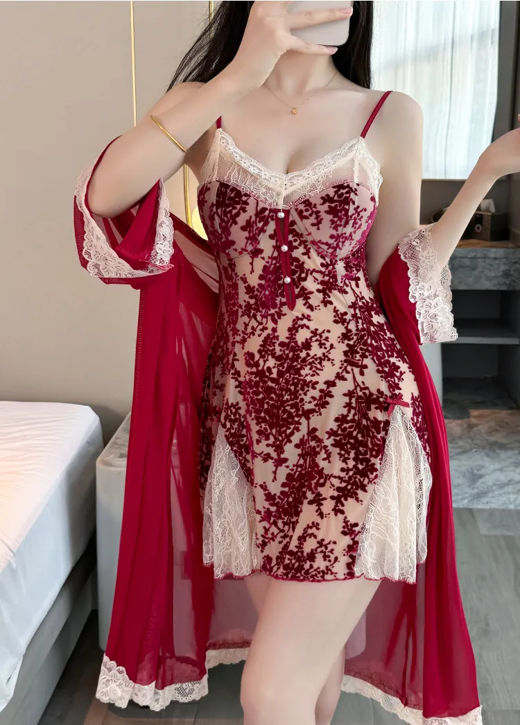 Sexy Women's Burnout Camisole Nightgown Set with Mesh Robe, Lace Low-Cut with Padding, Innocent Temptation Style Loungewear · Wholesale · OEM · Worldwide Shipping - Detail 12