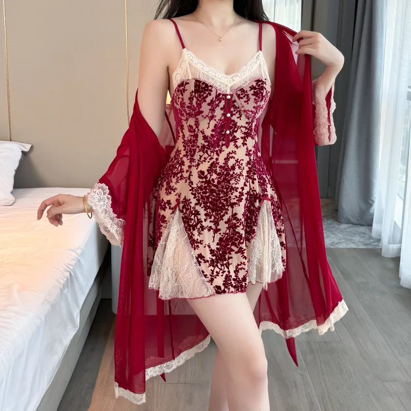 Sexy Women's Burnout Camisole Nightgown Set with Mesh Robe, Lace Low-Cut with Padding, Innocent Temptation Style Loungewear · Wholesale · OEM · Worldwide Shipping - View 2