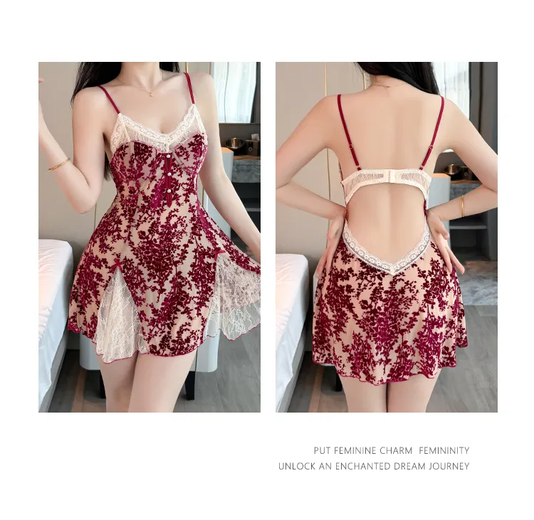 Sexy Women's Burnout Camisole Nightgown Set with Mesh Robe, Lace Low-Cut with Padding, Innocent Temptation Style Loungewear · Wholesale · OEM · Worldwide Shipping - Detail 16