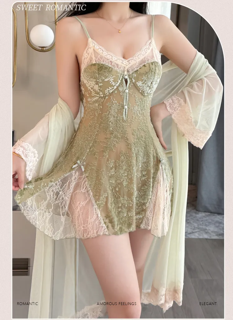 Sexy Women's Burnout Camisole Nightgown Set with Mesh Robe, Lace Low-Cut with Padding, Innocent Temptation Style Loungewear · Wholesale · OEM · Worldwide Shipping - Detail 1