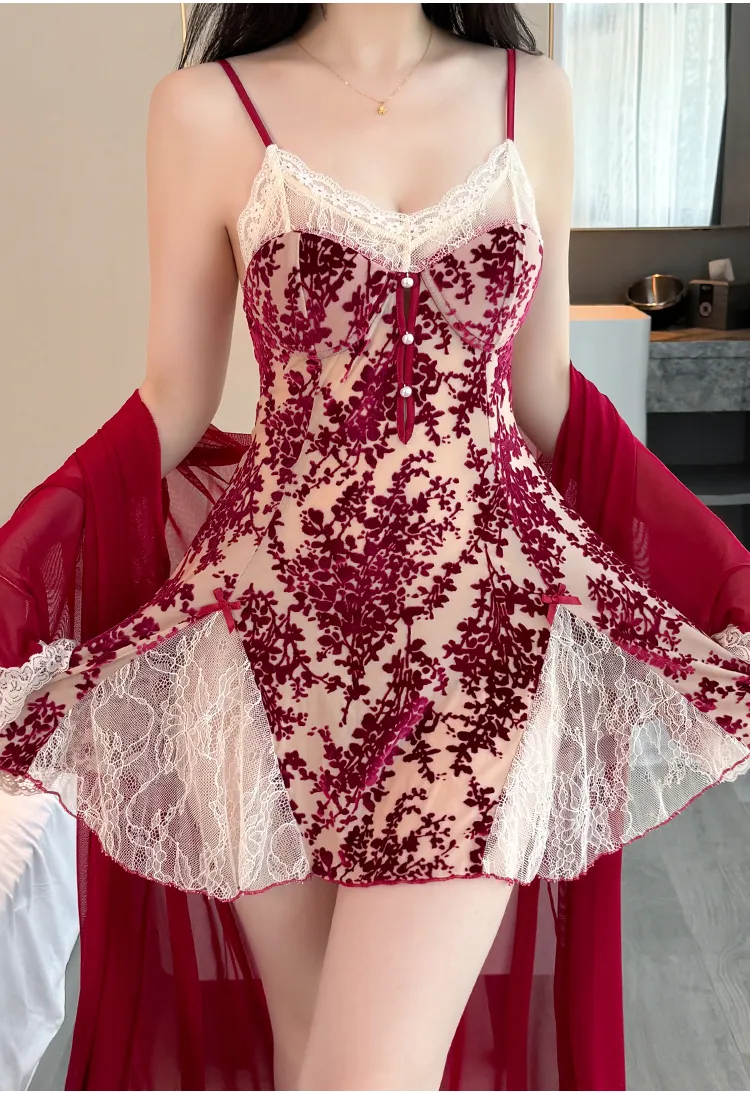 Sexy Women's Burnout Camisole Nightgown Set with Mesh Robe, Lace Low-Cut with Padding, Innocent Temptation Style Loungewear · Wholesale · OEM · Worldwide Shipping - Detail 15
