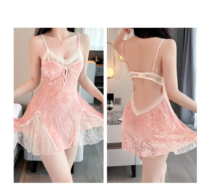 Sexy Women's Burnout Camisole Nightgown Set with Mesh Robe, Lace Low-Cut with Padding, Innocent Temptation Style Loungewear · Wholesale · OEM · Worldwide Shipping - Detail 10