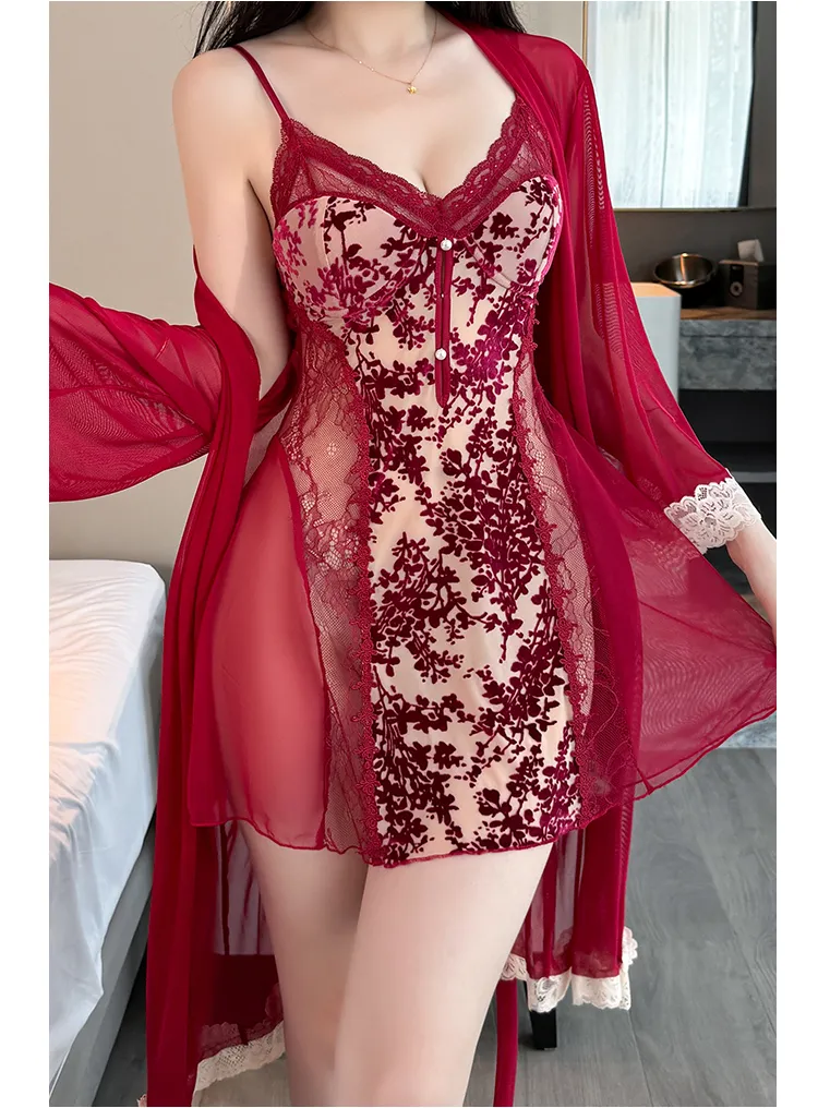 Sexy Women's Burnout Velvet Camisole Nightgown with Mesh Robe, Lace Low-Cut with Padding, Innocent Temptation Style Loungewear · Wholesale · OEM · Worldwide Shipping - Detail 19