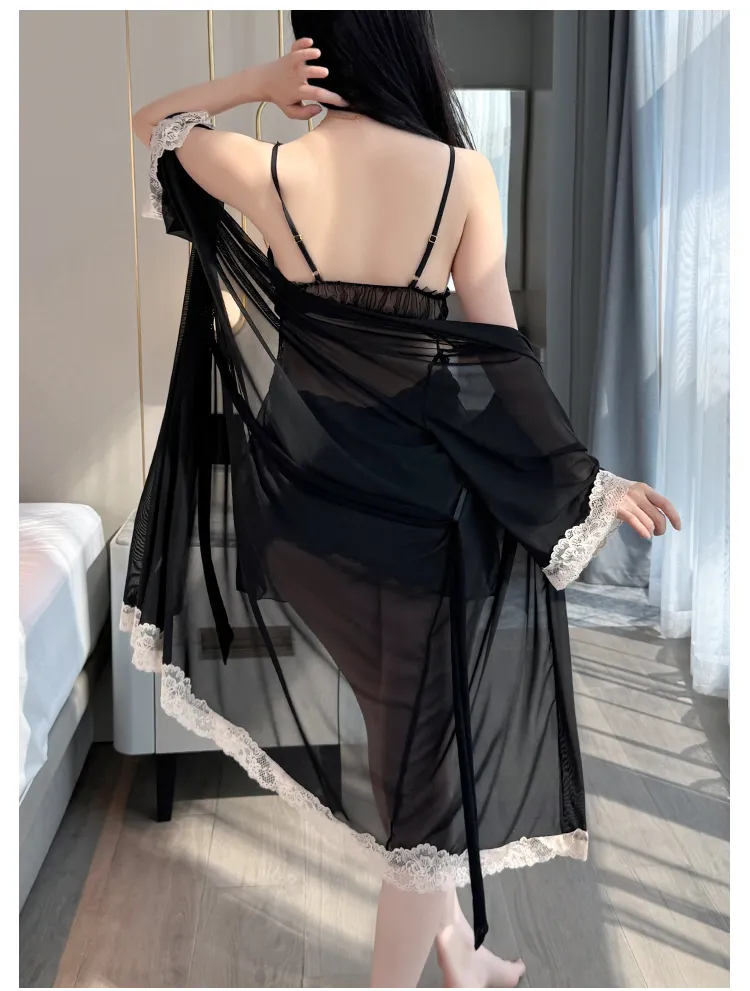Sexy Women's Burnout Velvet Camisole Nightgown with Mesh Robe, Lace Low-Cut with Padding, Innocent Temptation Style Loungewear · Wholesale · OEM · Worldwide Shipping - Detail 13