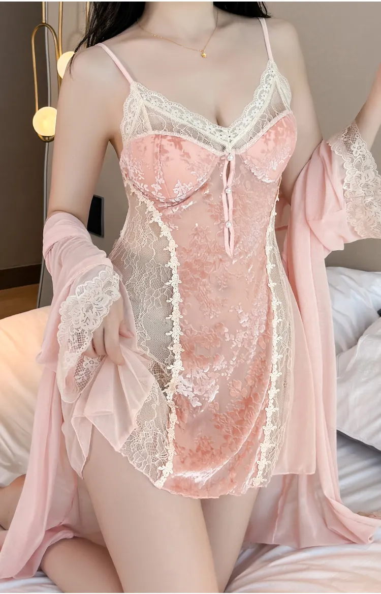 Sexy Women's Burnout Velvet Camisole Nightgown with Mesh Robe, Lace Low-Cut with Padding, Innocent Temptation Style Loungewear · Wholesale · OEM · Worldwide Shipping - Detail 4