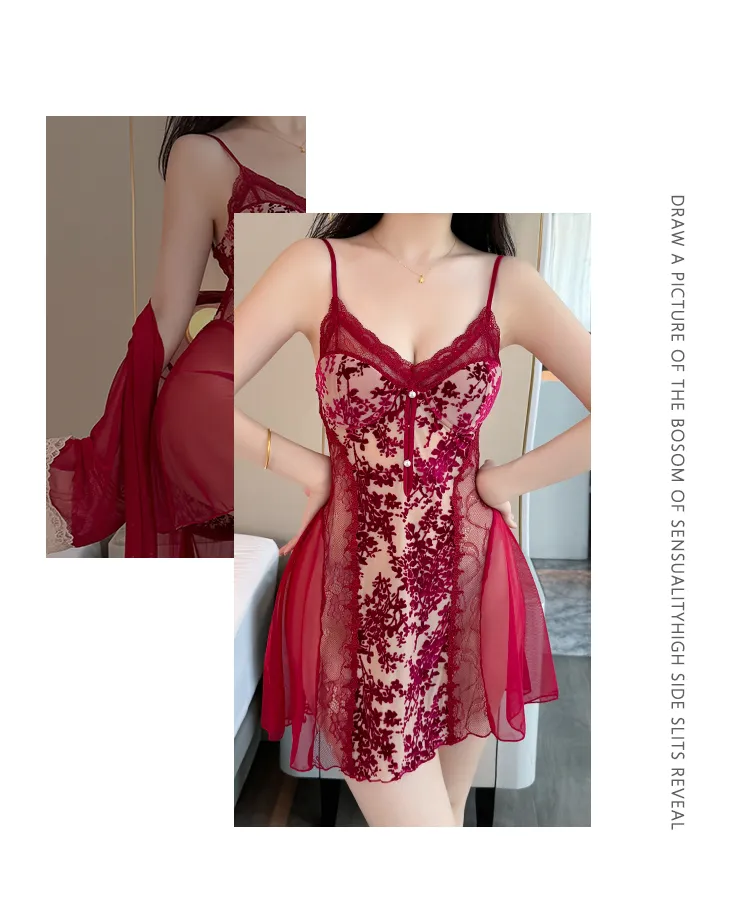 Sexy Women's Burnout Velvet Camisole Nightgown with Mesh Robe, Lace Low-Cut with Padding, Innocent Temptation Style Loungewear · Wholesale · OEM · Worldwide Shipping - Detail 20