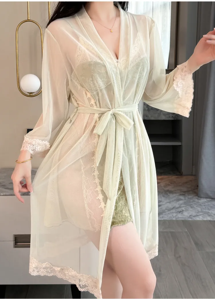 Sexy Women's Burnout Velvet Camisole Nightgown with Mesh Robe, Lace Low-Cut with Padding, Innocent Temptation Style Loungewear · Wholesale · OEM · Worldwide Shipping - Detail 8