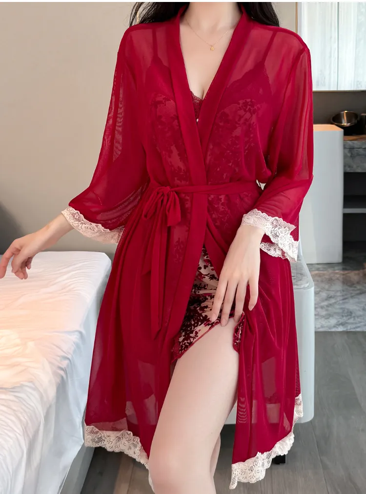 Sexy Women's Burnout Velvet Camisole Nightgown with Mesh Robe, Lace Low-Cut with Padding, Innocent Temptation Style Loungewear · Wholesale · OEM · Worldwide Shipping - Detail 18