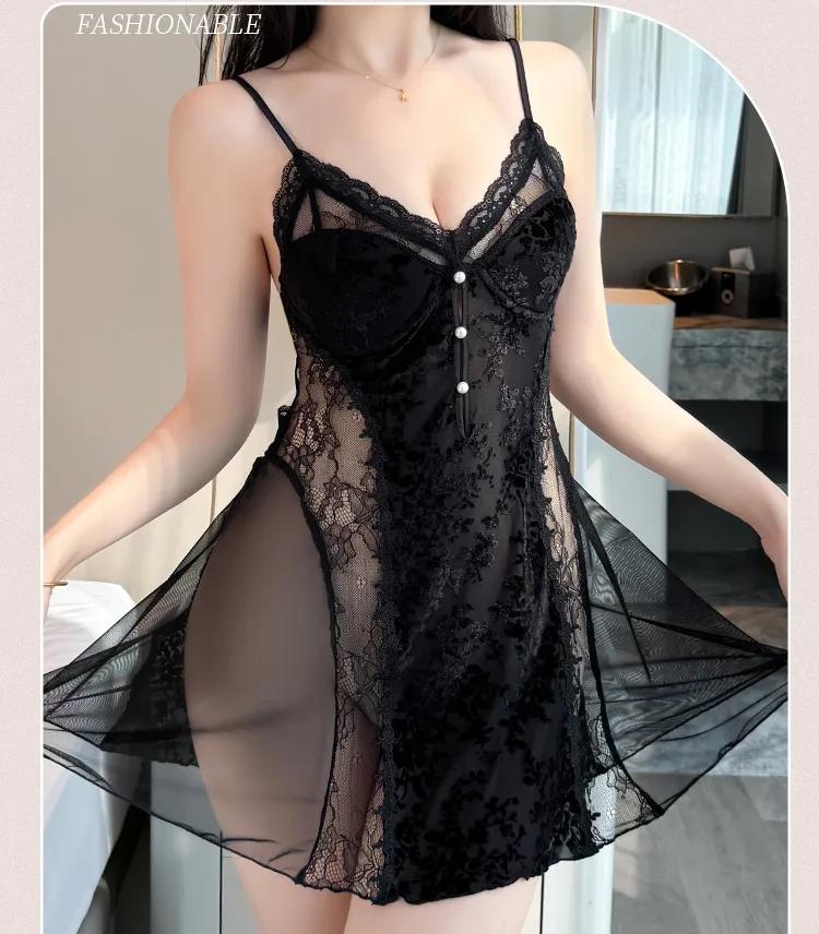 Sexy Women's Burnout Velvet Camisole Nightgown with Mesh Robe, Lace Low-Cut with Padding, Innocent Temptation Style Loungewear · Wholesale · OEM · Worldwide Shipping - Detail 1