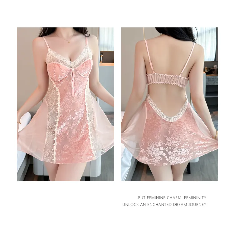 Sexy Women's Burnout Velvet Camisole Nightgown with Mesh Robe, Lace Low-Cut with Padding, Innocent Temptation Style Loungewear · Wholesale · OEM · Worldwide Shipping - Detail 7
