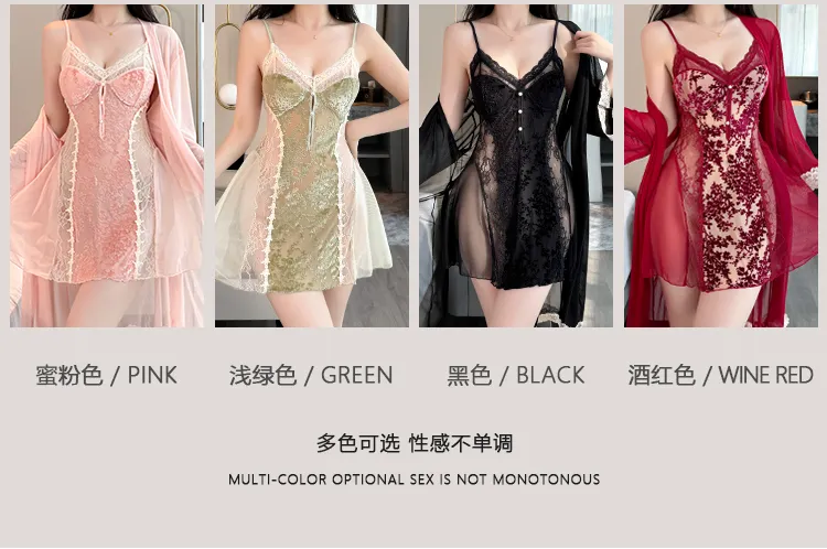 Sexy Women's Burnout Velvet Camisole Nightgown with Mesh Robe, Lace Low-Cut with Padding, Innocent Temptation Style Loungewear · Wholesale · OEM · Worldwide Shipping - Detail 3