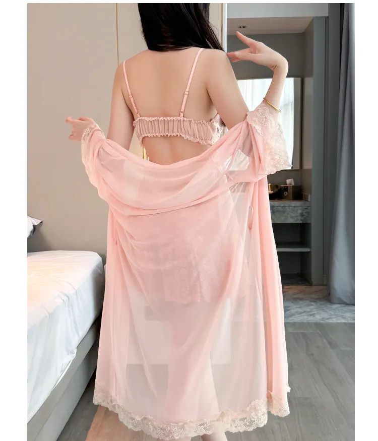 Sexy Women's Burnout Velvet Camisole Nightgown with Mesh Robe, Lace Low-Cut with Padding, Innocent Temptation Style Loungewear · Wholesale · OEM · Worldwide Shipping - Detail 5