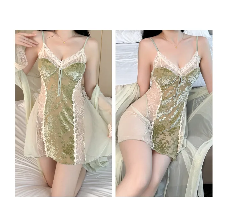 Sexy Women's Burnout Velvet Camisole Nightgown with Mesh Robe, Lace Low-Cut with Padding, Innocent Temptation Style Loungewear · Wholesale · OEM · Worldwide Shipping - Detail 10