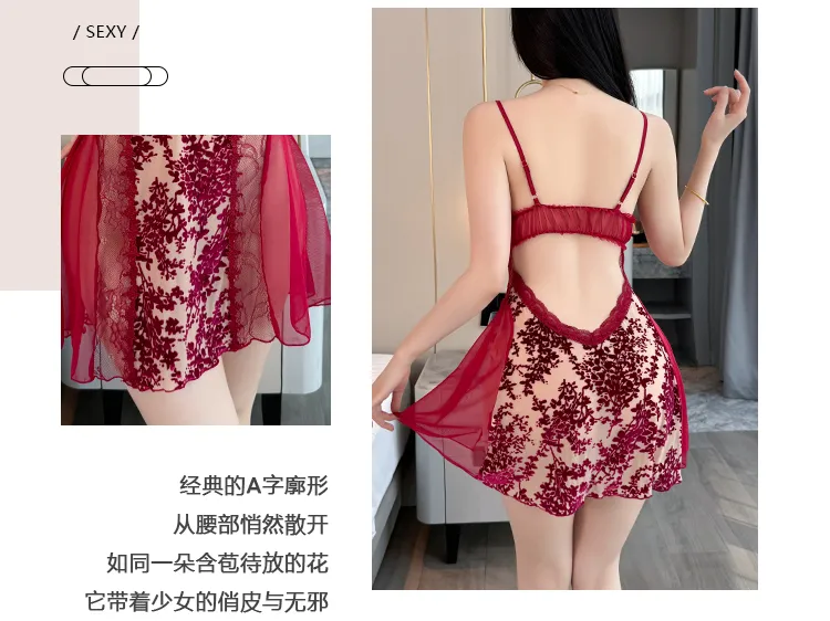 Sexy Women's Burnout Velvet Camisole Nightgown with Mesh Robe, Lace Low-Cut with Padding, Innocent Temptation Style Loungewear · Wholesale · OEM · Worldwide Shipping - Detail 2