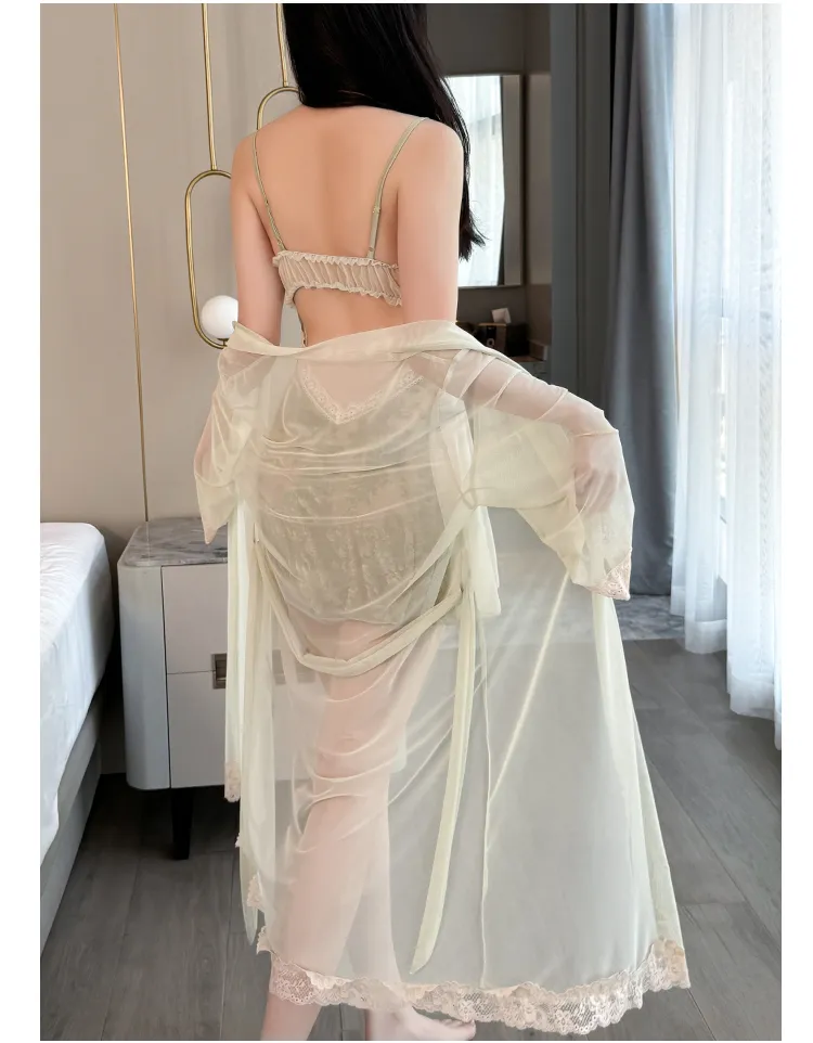 Sexy Women's Burnout Velvet Camisole Nightgown with Mesh Robe, Lace Low-Cut with Padding, Innocent Temptation Style Loungewear · Wholesale · OEM · Worldwide Shipping - Detail 9