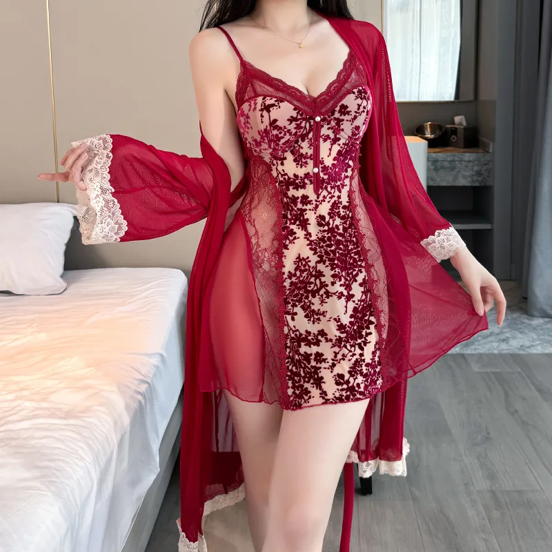 Sexy Women's Burnout Velvet Camisole Nightgown with Mesh Robe, Lace Low-Cut with Padding, Innocent Temptation Style Loungewear · Wholesale · OEM · Worldwide Shipping - View 3