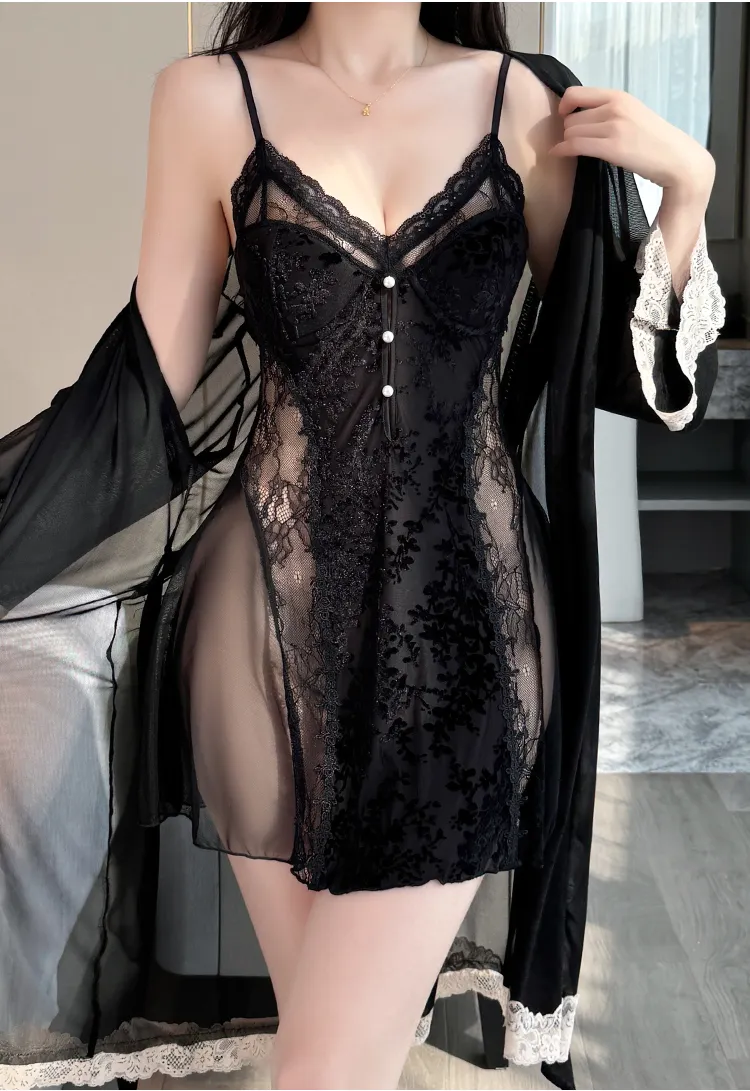 Sexy Women's Burnout Velvet Camisole Nightgown with Mesh Robe, Lace Low-Cut with Padding, Innocent Temptation Style Loungewear · Wholesale · OEM · Worldwide Shipping - Detail 16
