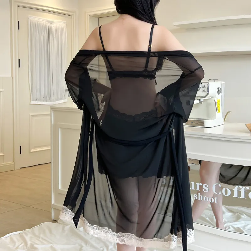 Sexy Women's Burnout Camisole Nightgown Set with Mesh Robe, Lace Low-Cut with Padding, Innocent Temptation Style Loungewear · Wholesale · OEM · Worldwide Shipping - View 2