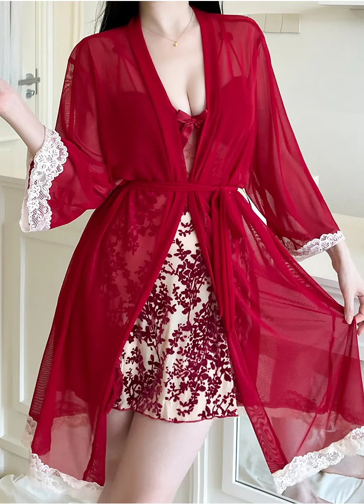Sexy Women's Burnout Camisole Nightgown Set with Mesh Robe, Lace Low-Cut with Padding, Innocent Temptation Style Loungewear · Wholesale · OEM · Worldwide Shipping - Detail 9
