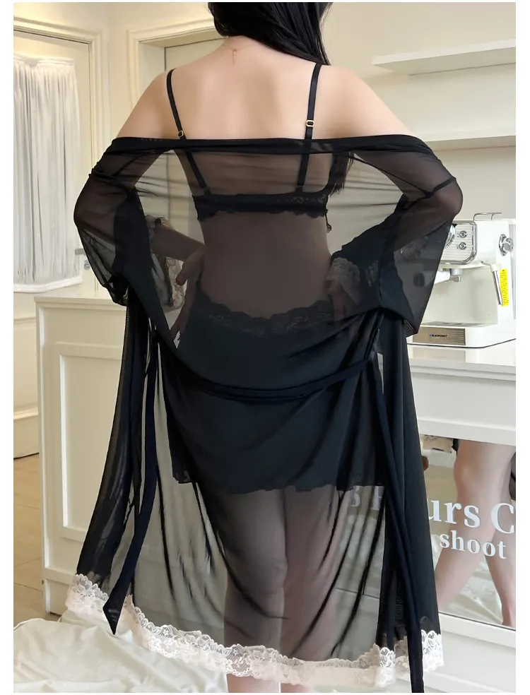 Sexy Women's Burnout Camisole Nightgown Set with Mesh Robe, Lace Low-Cut with Padding, Innocent Temptation Style Loungewear · Wholesale · OEM · Worldwide Shipping - Detail 5