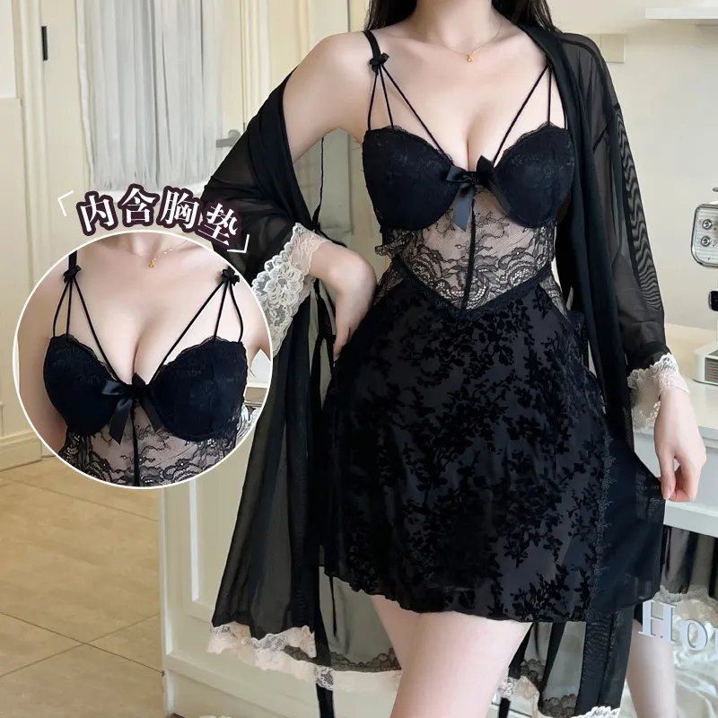 Sexy Women's Burnout Camisole Nightgown Set with Mesh Robe, Lace Low-Cut with Padding, Innocent Temptation Style Loungewear · Wholesale · OEM · Worldwide Shipping